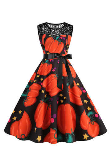 Halloween Pumpkin Printed A Line Orange Vintage Dress